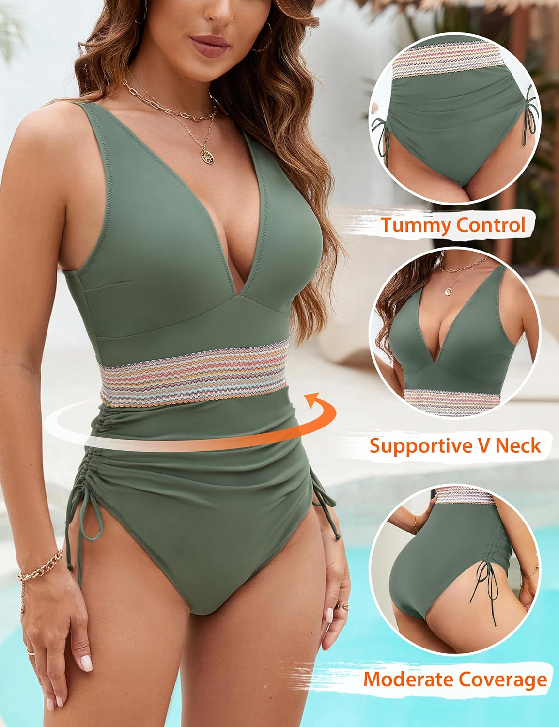 OmbreSwim - Women Tummy Control Swimsuits One Piece Slimming Modest Bathing Suit Color Block Drawstring Swim Suits