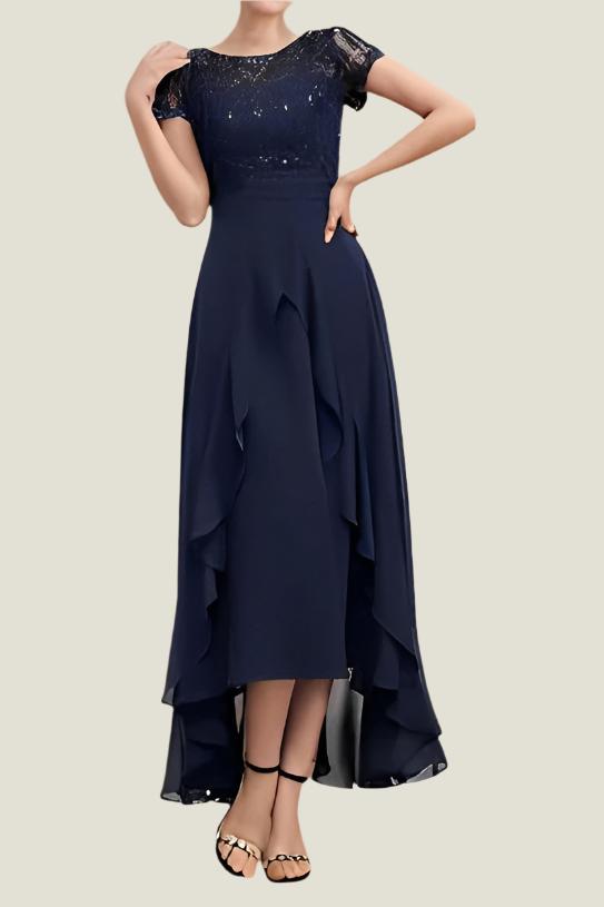 Asymmetrical Dark Navy Short Sleeves Mother of The Bride Dresses Asymmetrical Dark Navy Short Sleeves Mother of The Bride Dresses