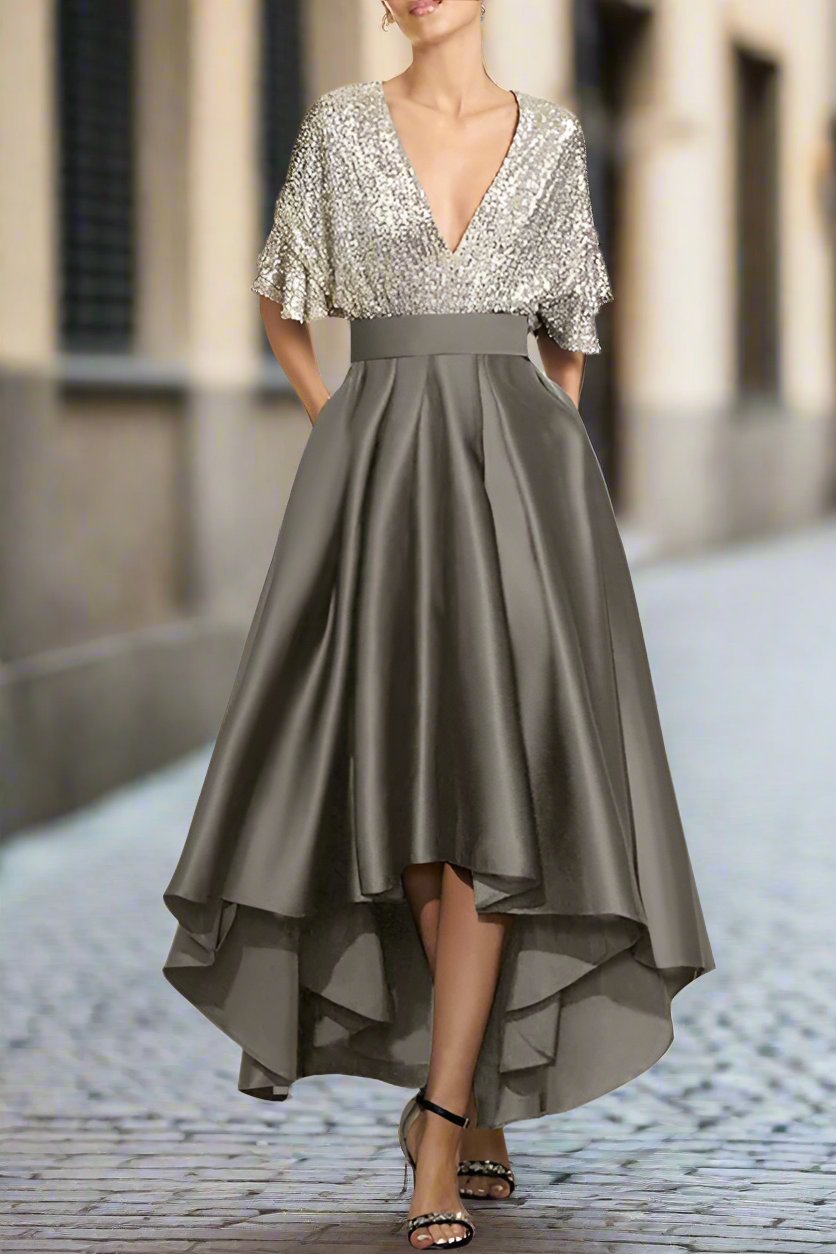 Asymmetrical Sequins Deep V-Neck Half Sleeves Mother of The Bride Dres Asymmetrical Sequins Deep V-Neck Half Sleeves Mother of The Bride Dres