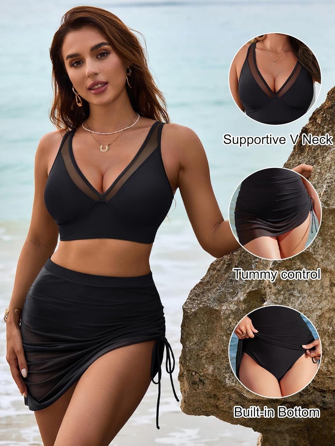 OmbreSwim - Womens Swim Skirt High Waisted Bikini Sets Tummy Control Swimsuits Mesh Sarong Wraps Bathing Suits