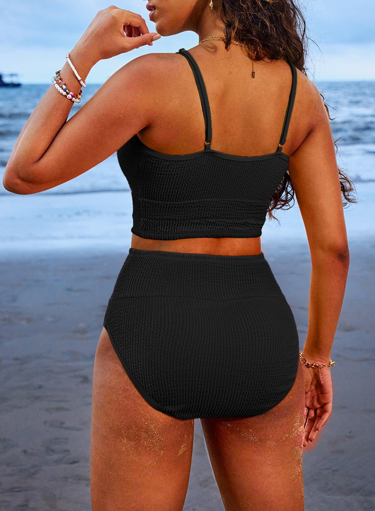 OmbreSwim - Women 2 Piece Bikini Set High Waisted Color Block Swimsuit Beach Scrunch Ribbed Bathing Suit