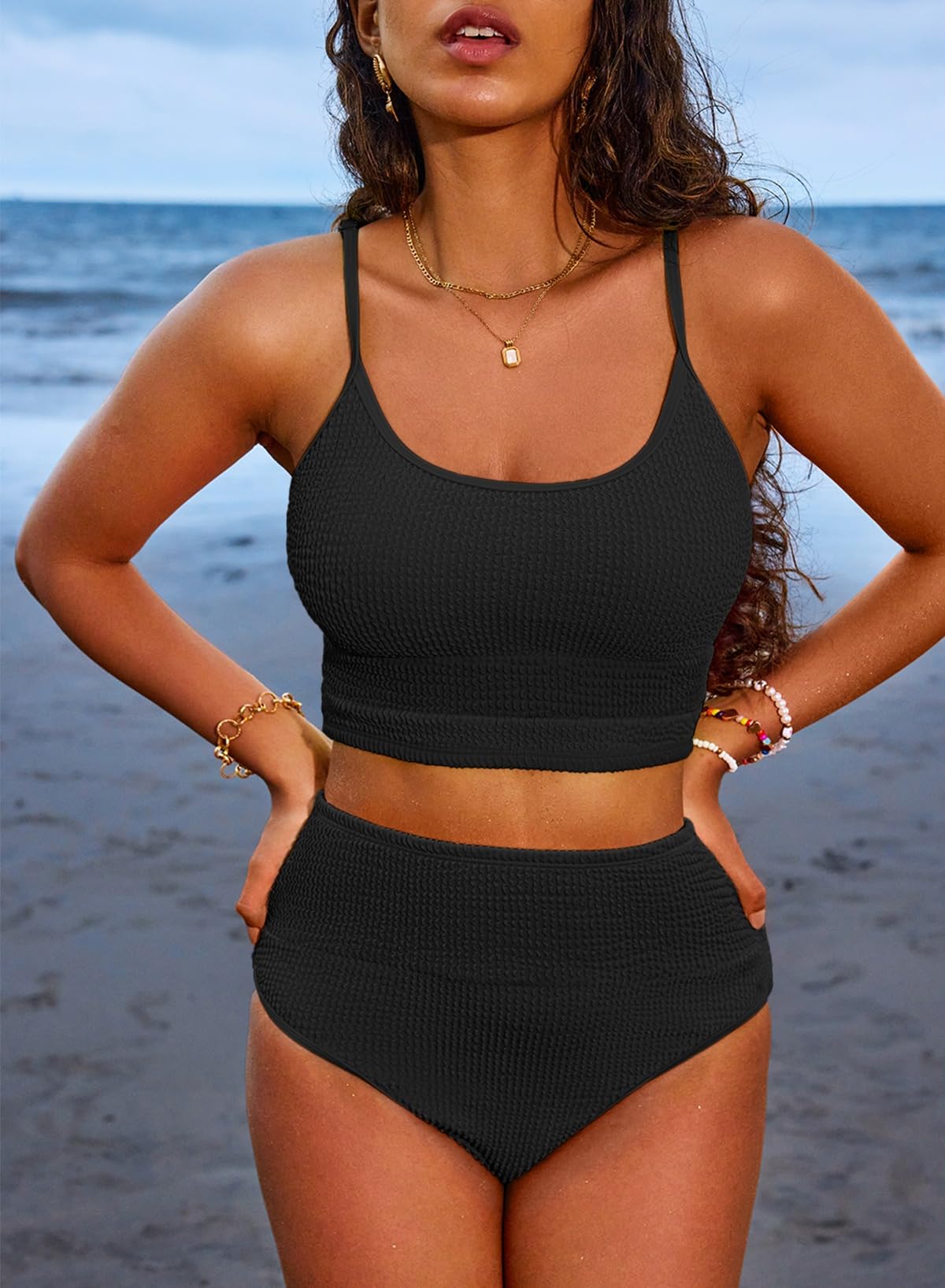OmbreSwim - Women 2 Piece Bikini Set High Waisted Color Block Swimsuit Beach Scrunch Ribbed Bathing Suit