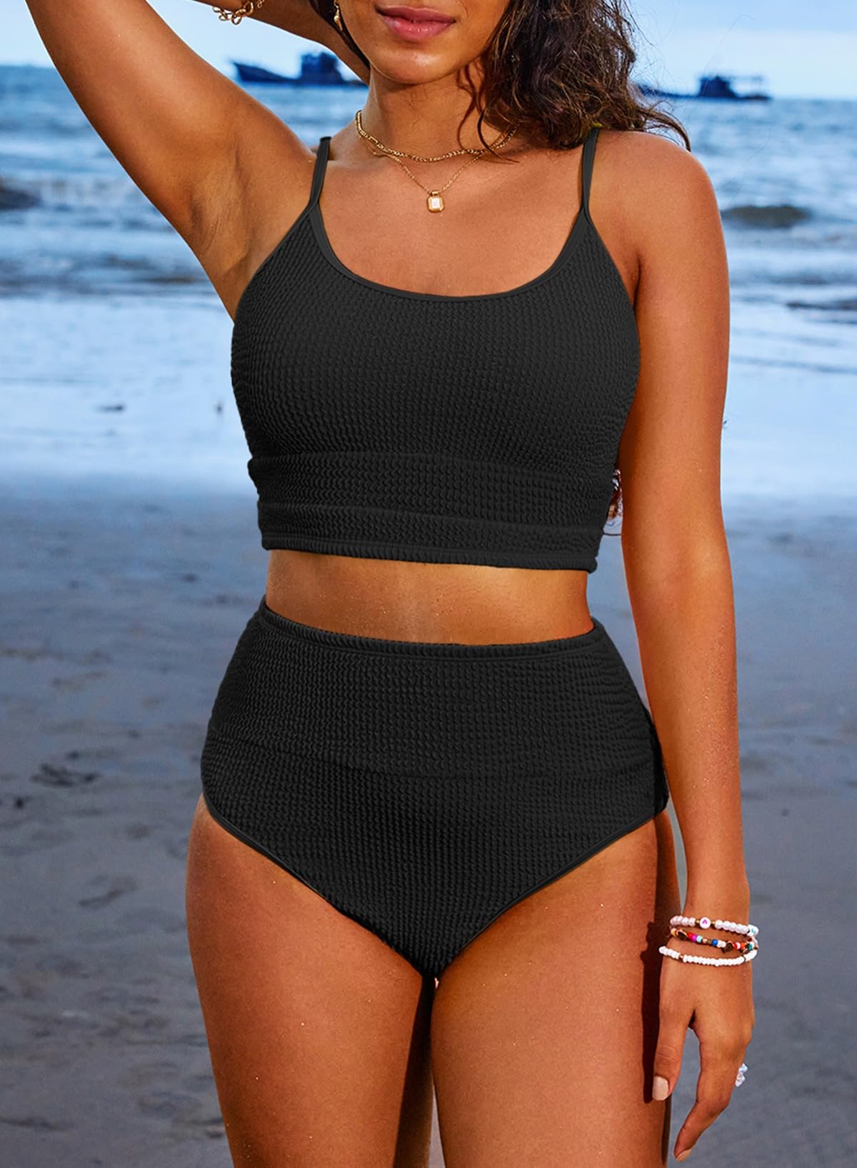 OmbreSwim - Women 2 Piece Bikini Set High Waisted Color Block Swimsuit Beach Scrunch Ribbed Bathing Suit