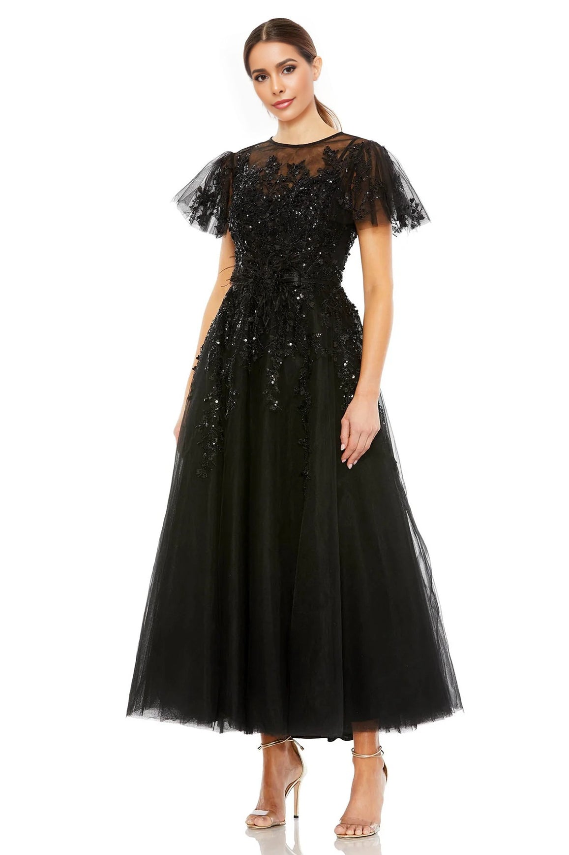 Black Appliques Tulle Short Sleeve A Line Ankle Length Party Dress Black Appliques Tulle Short Sleeve A Line Ankle Length Party Dress