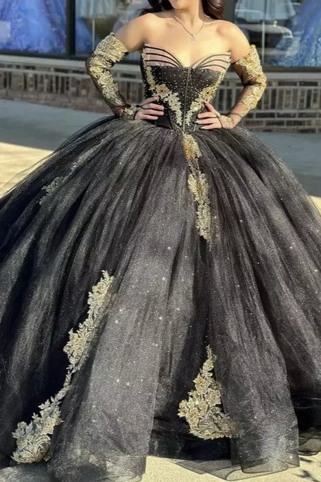 Long Sleeves Strapless Black Quinceanera Dresses with Appliques Long Sleeves Strapless Black Quinceanera Dresses with Appliques
