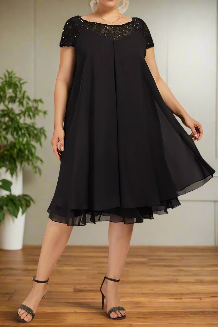 Black Scoop Neck Short Sleeves Knee Length Mother of The Bride Dresses Black Scoop Neck Short Sleeves Knee Length Mother of The Bride Dresses