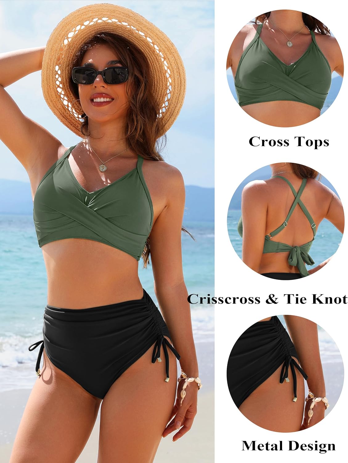 OmbreSwim - Womens High Waisted Bikini Sets Drawstring Tummy Control Swimsuits Crisscross Tie Back Bathing Suit