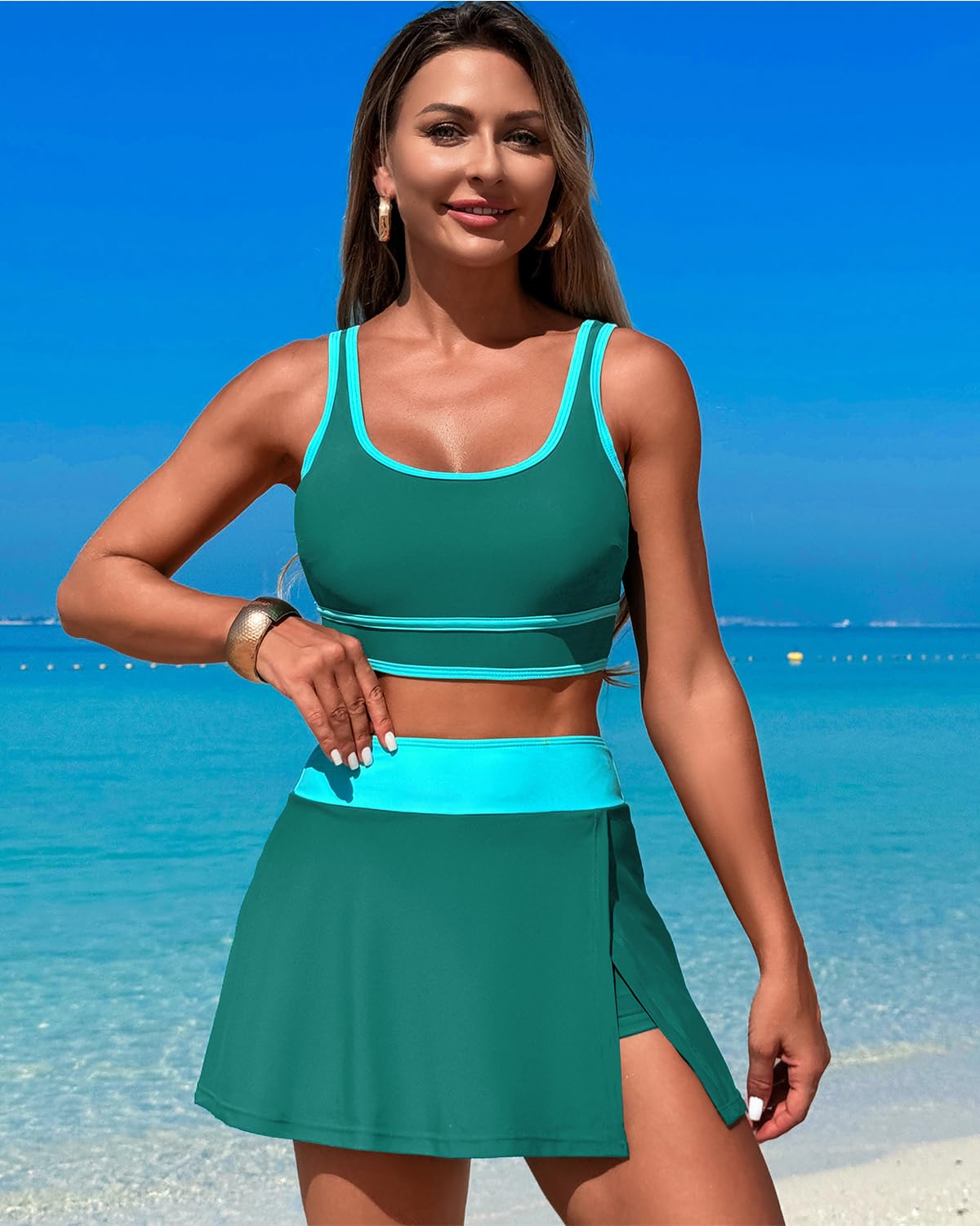 OmbreSwim - High Waisted Bikini Sets Tummy Control Swim Skirt Two Piece Swim Suit Tummy Control Color Block Bathing Suit