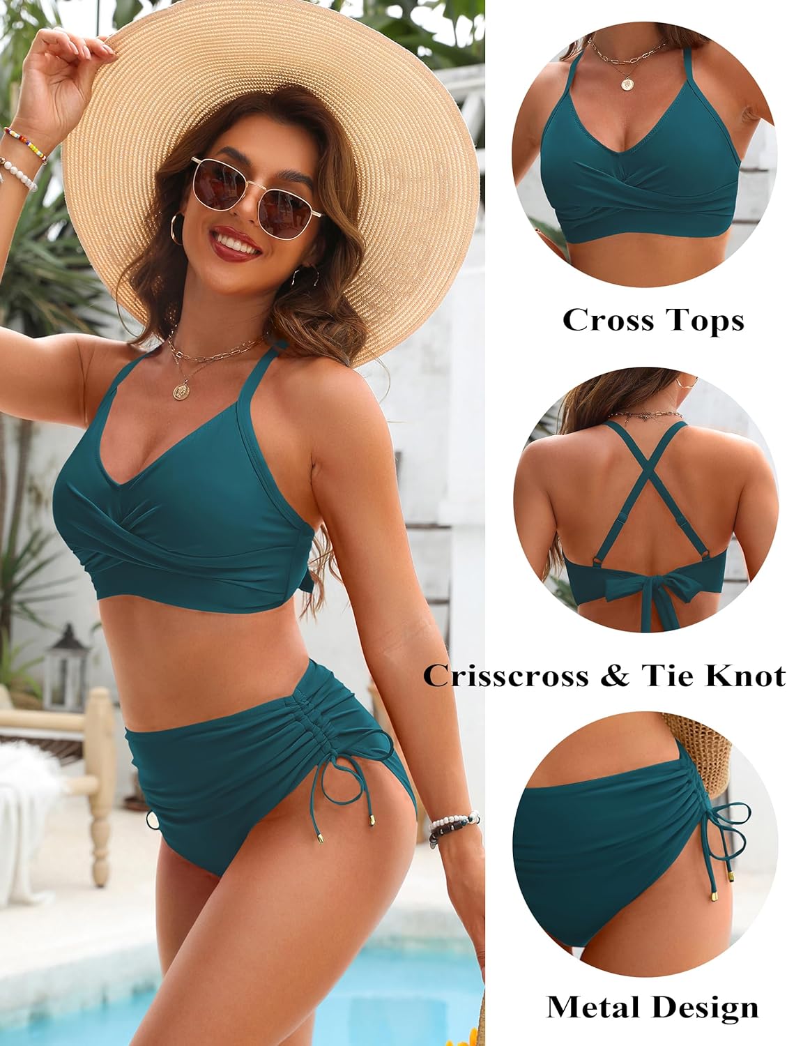 OmbreSwim - Womens High Waisted Bikini Sets Drawstring Tummy Control Swimsuits Crisscross Tie Back Bathing Suit