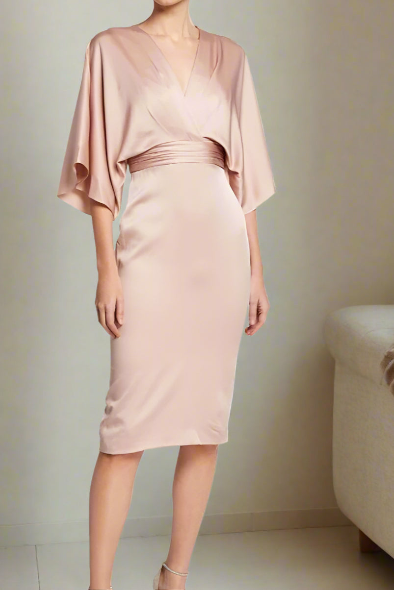 Blush Elastic Satin V Neck Knee Length Sheath Wedding Guest Dress