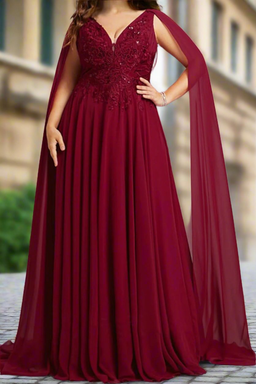 Burgundy Chiffon Long Mother of The Bride Dress with Cape