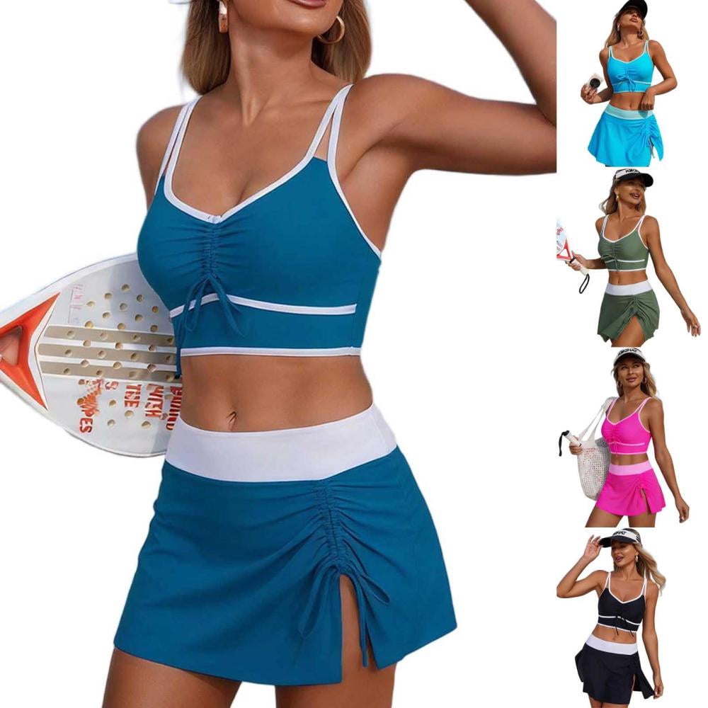 Women's Two Piece Swimsuit Sporty Drawstring High Waisted Bikini Set with Removable Pads Tummy Control Swimwear