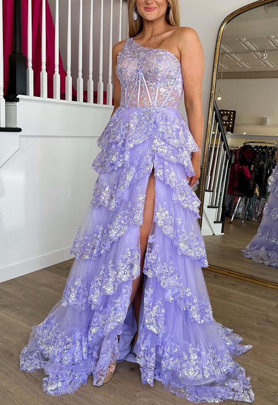 Charming A-Line Sequins One Shoulder Layered Long Prom Dress with Slit Charming A-Line Sequins One Shoulder Layered Long Prom Dress with Slit