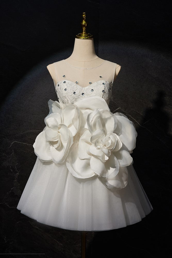 white flower homecoming dress A-Line Tulle Flower White Short Prom Dress, White Homecoming Dress US 10 / White