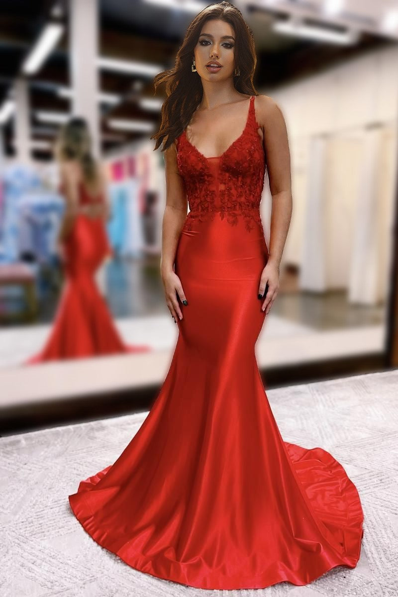 mermaid red carpet dresses mermaid red carpet dresses Long Beaded Satin Mermaid Prom Dress with Strappy Back Hot Pink / 0