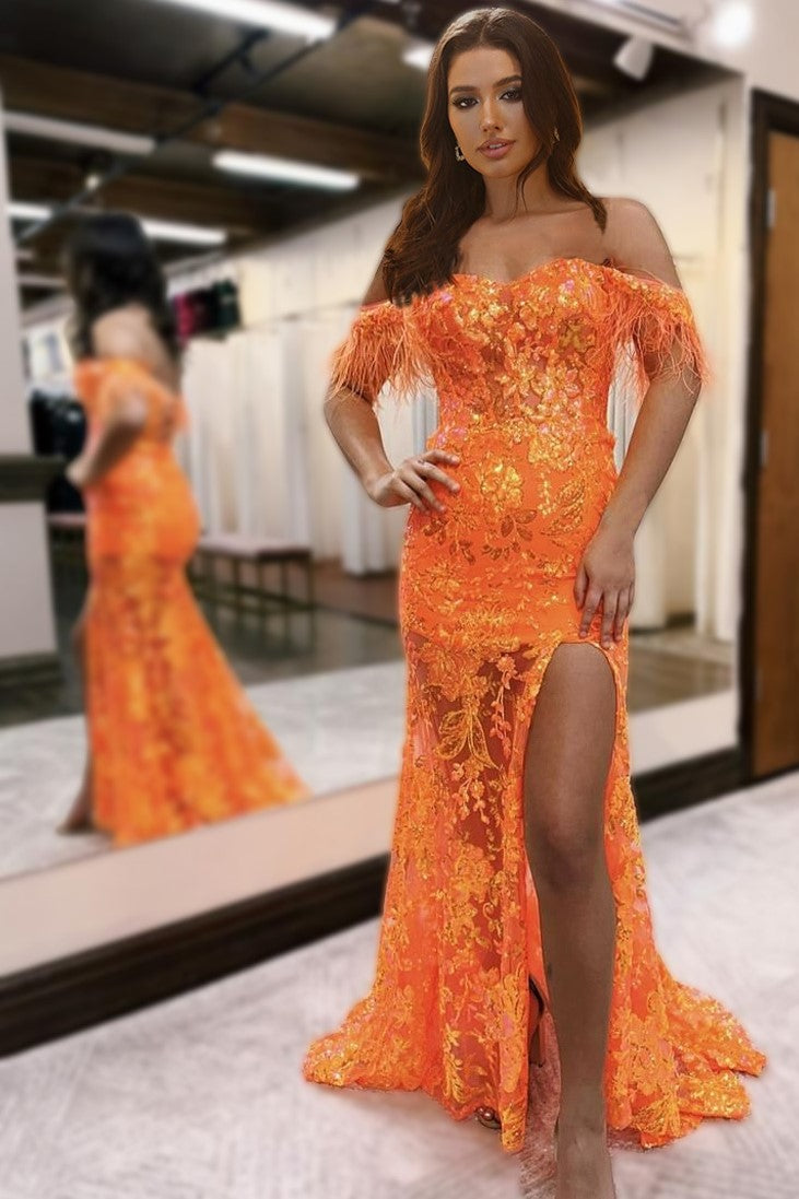 Charming Off The Shoulder Sequin Lace Long Prom Dress with Slit Charming Off The Shoulder Sequin Lace Long Prom Dress with Slit