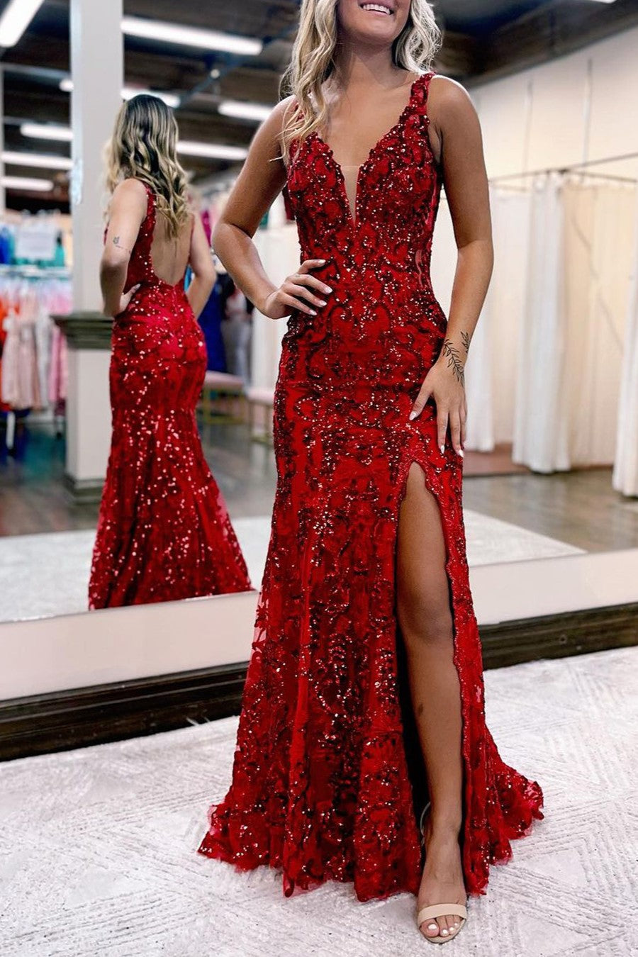 Black Prom Couples Red Prom Dress And Suit Charming Straps V-neck