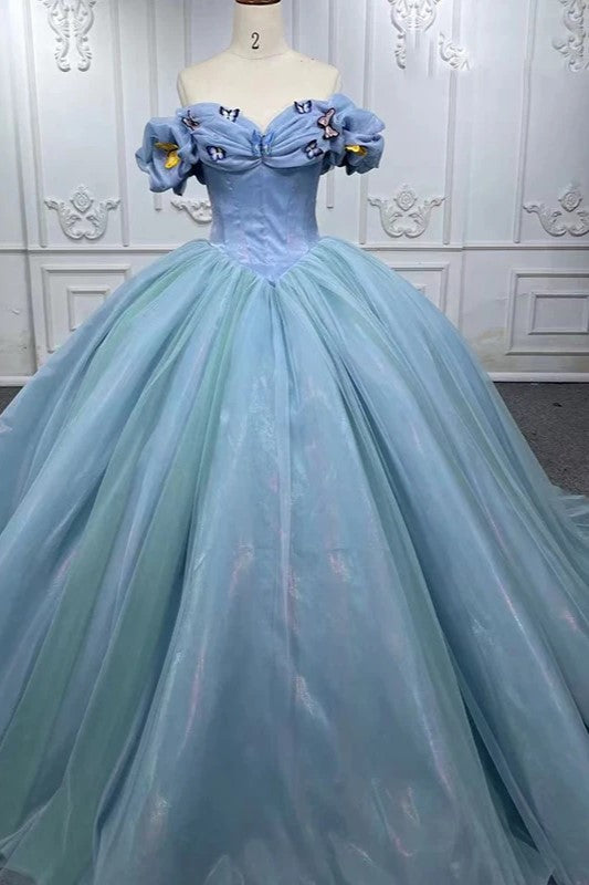 Chic Bubble Sleeves Ball Gown Off-the-shoulder Quinceanera Dresses with Butterfly Appliques Chic Bubble Sleeves Ball Gown Off-the-shoulder Quinceanera Dresses with Butterfly Appliques