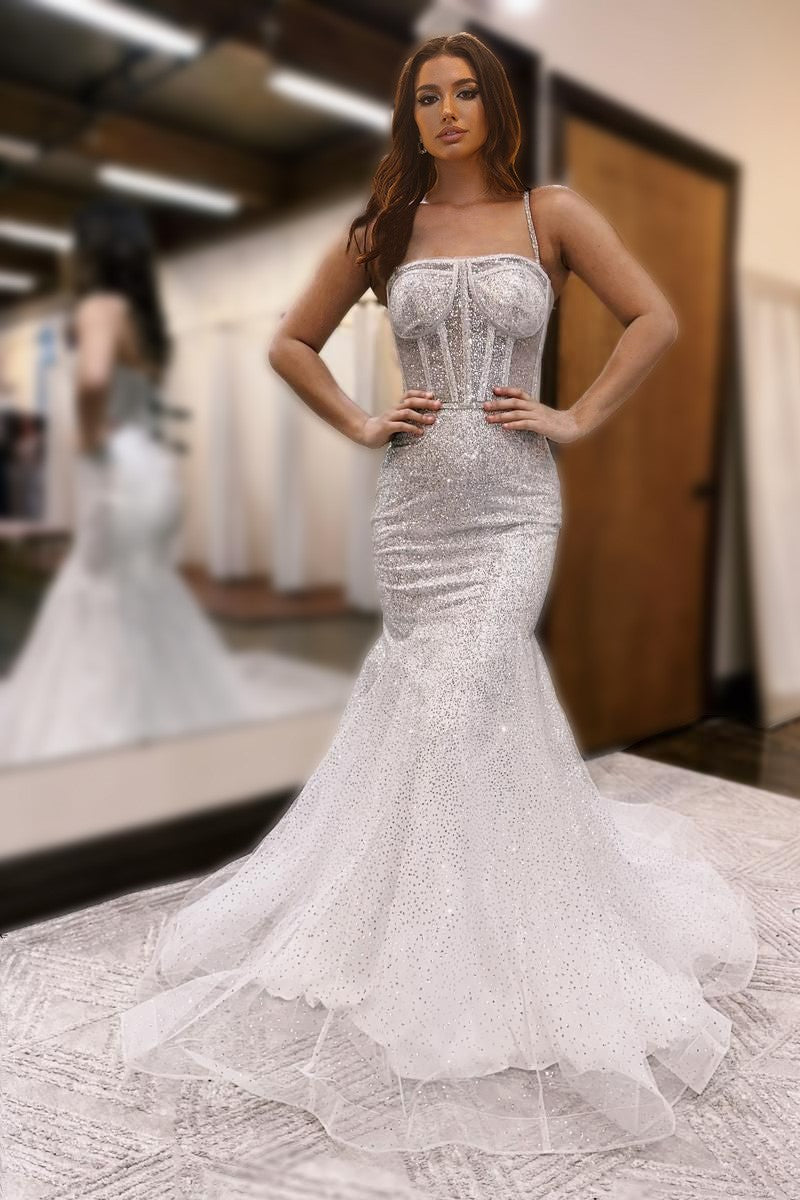 Chic Spaghetti Straps Mermaid Sequin Lace Long Wedding Dress Chic Spaghetti Straps Mermaid Sequin Lace Long Wedding Dress