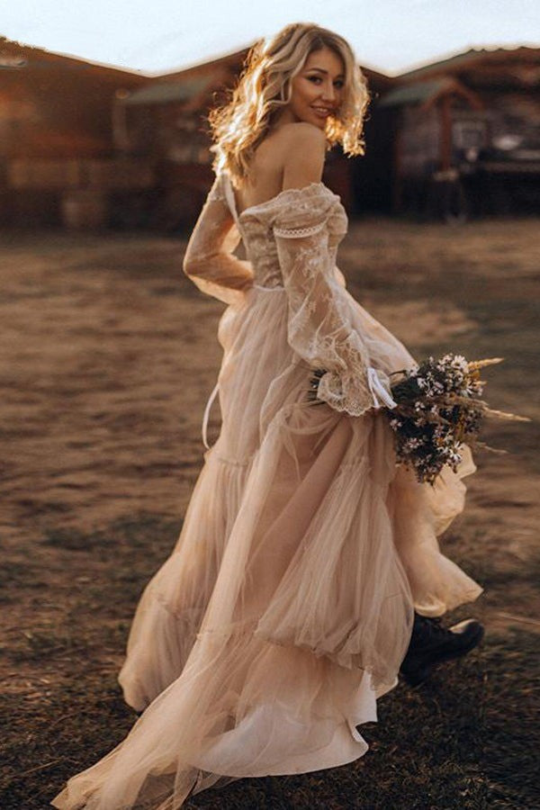 Chic V-neck Flowy Tulle Long Sleeves Floor Length Wedding Dress Chic V-neck Flowy Tulle Long Sleeves Floor Length Wedding Dress