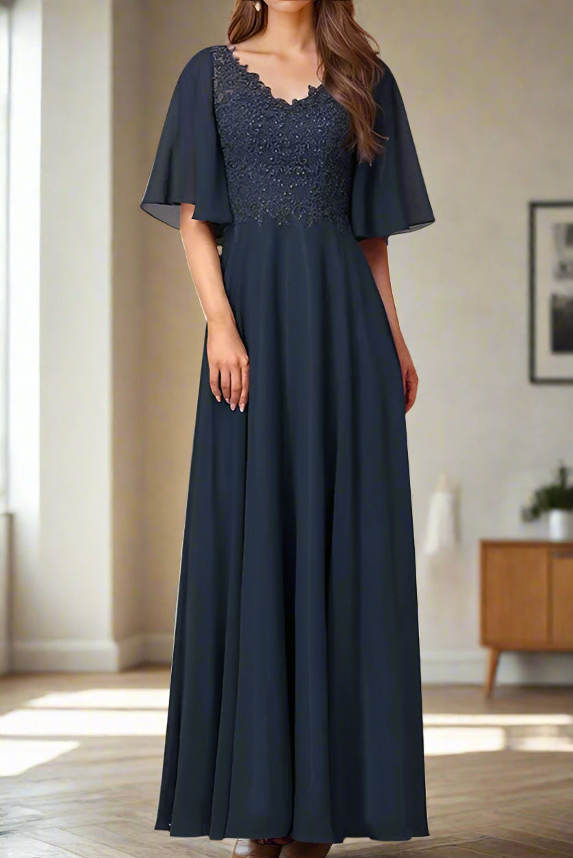 dark navy chiffon dress Zapaka Women Navy Chiffon A-Line Long Mother of the Bride Dress with Lace V-Neck Long Sleeves Wedding Guest Dress, Navy / US18W