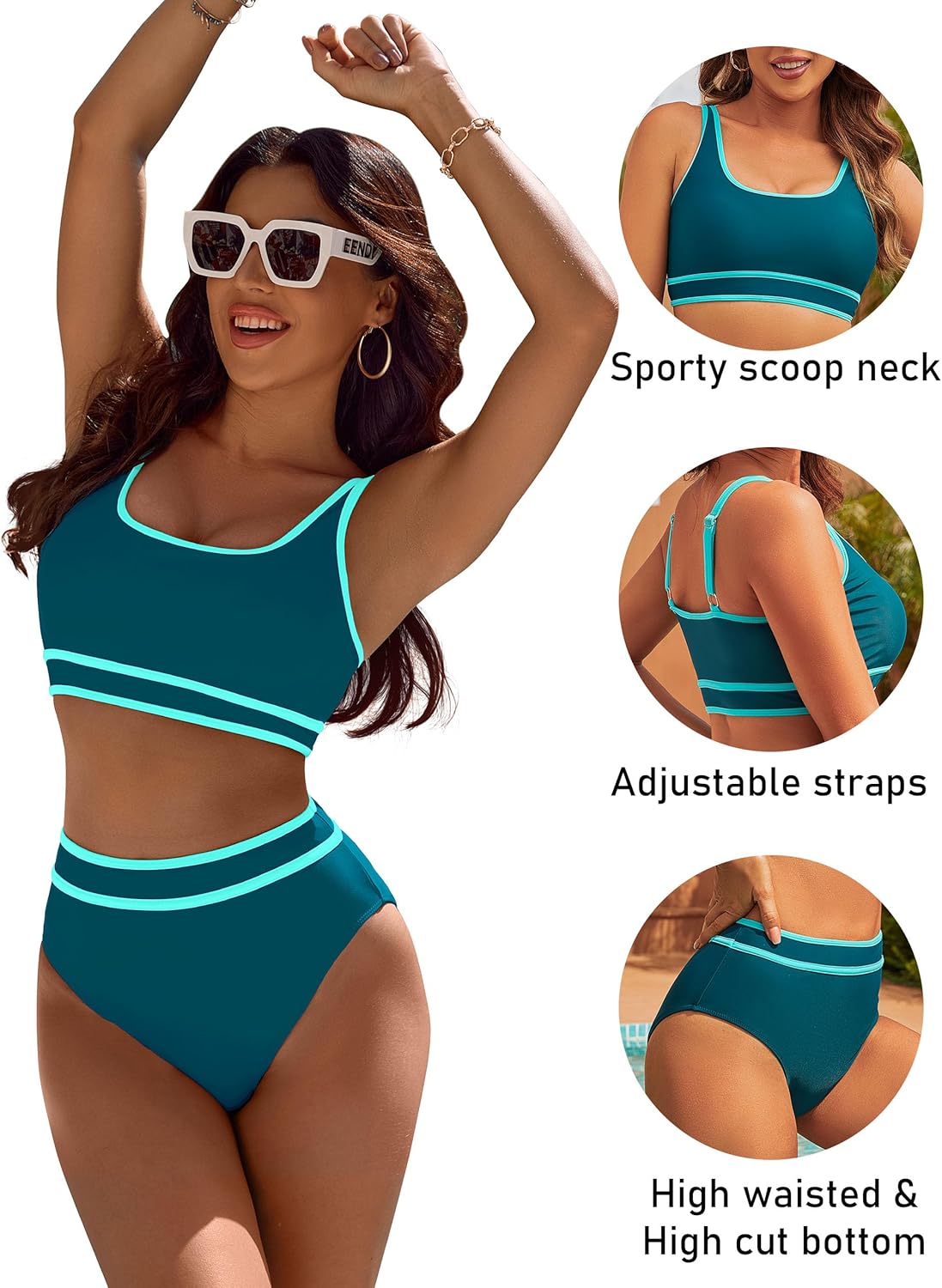 OmbreSwim - Women's High Waisted Bikini Sets Sporty Two Piece Swimsuits Color Block Cheeky High Cut Bathing Suits