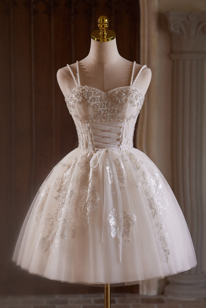 white homecoming dress with pearls Cute A Line Cap Sleeves White Lace Homecoming Dresses Pearl Beaded