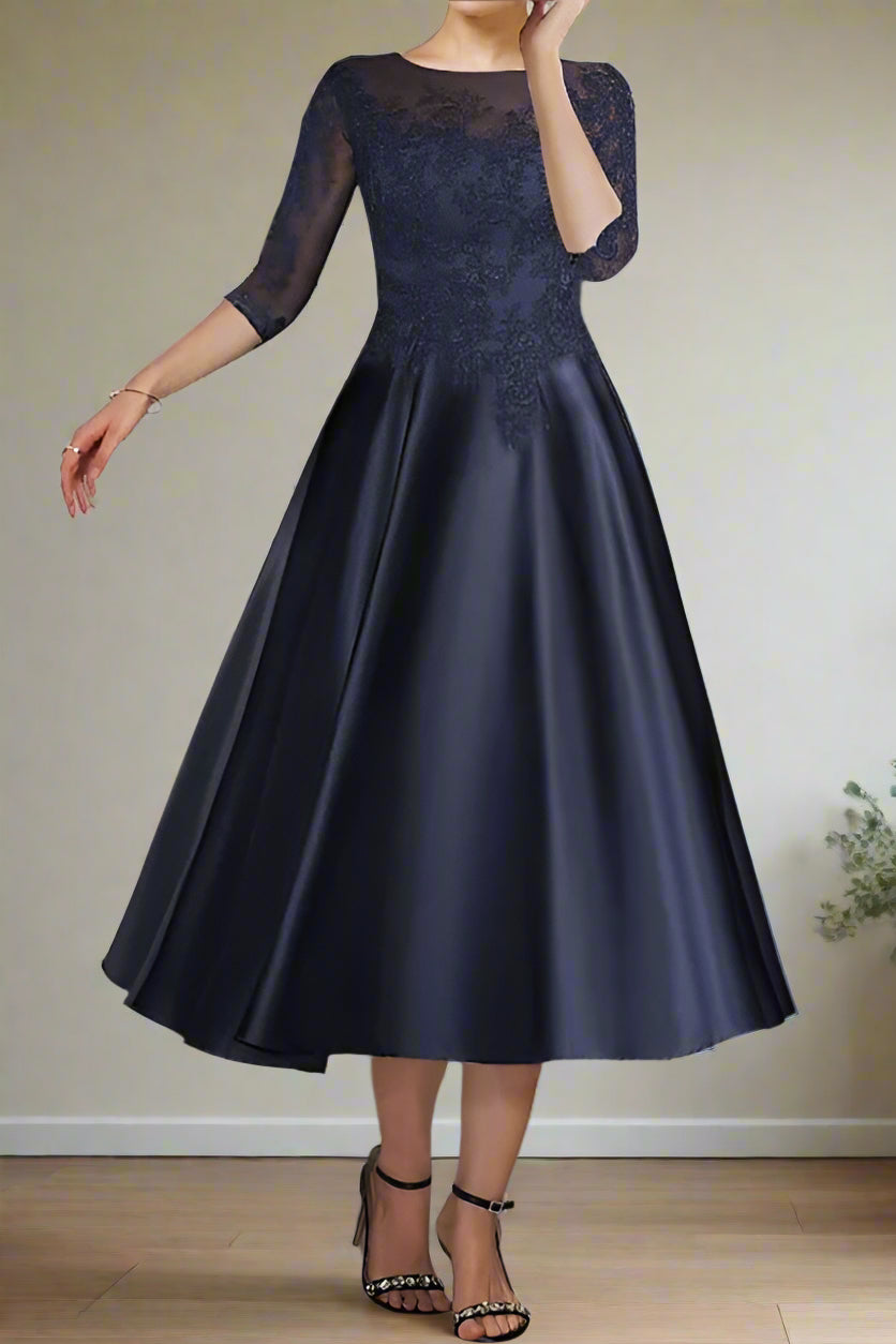 Dark Navy Appliques Tea Length A-Line Mother of the Bride Dress Dark Navy Appliques Tea Length A-Line Mother of the Bride Dress