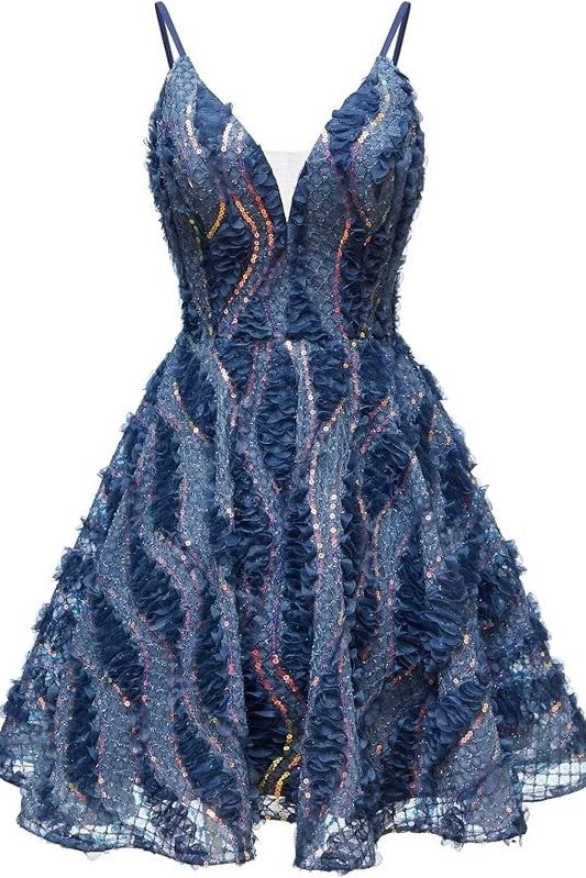 Dark Navy Sequins Spaghetti Straps V Neck Homecoming Dress Dark Navy Sequins Spaghetti Straps V Neck Homecoming Dress