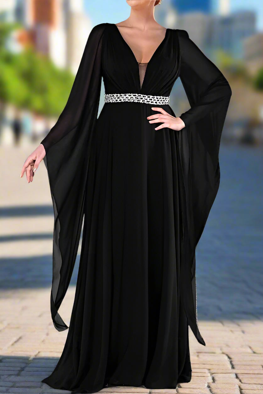 Deep V Neck Floor Length Chiffon Long Sleeve A-Line Wedding Party Dres Deep V Neck Floor Length Chiffon Long Sleeve A-Line Wedding Party Dres