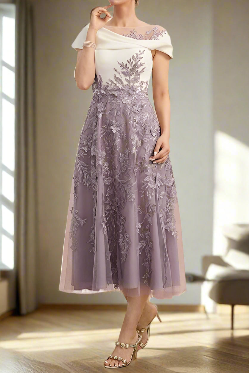 Delicate Illusion Neck Tea Length A-Line Mother of the Bride Dress Delicate Illusion Neck Tea Length A-Line Mother of the Bride Dress