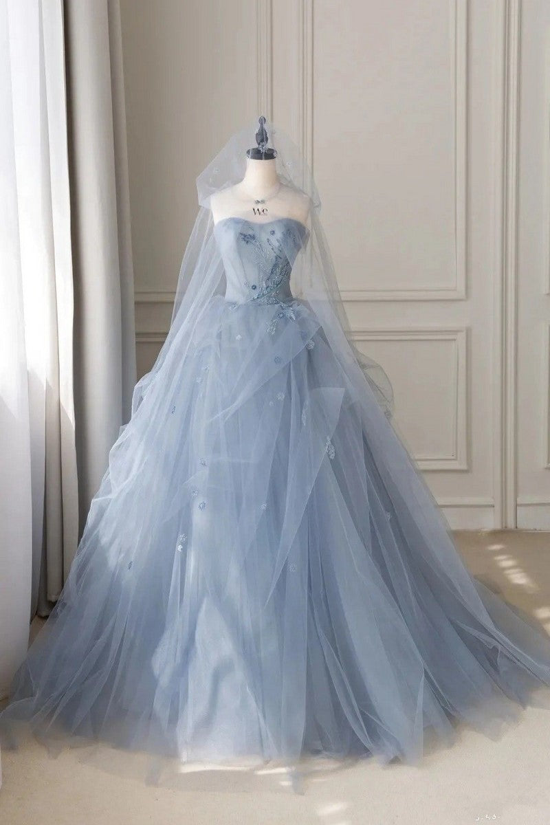 Dusty Blue Sweetheart A-Line Strapless Tulle Party Gown Dusty Blue Sweetheart A-Line Strapless Tulle Party Gown