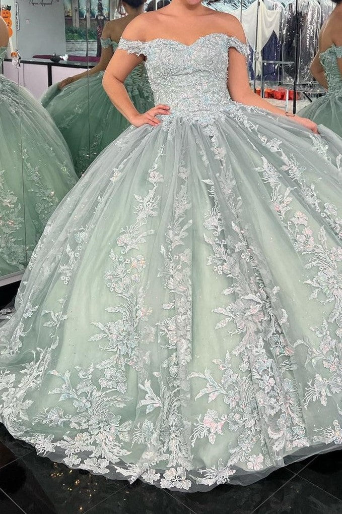 Dusty Sage Off The Shoulder Appliques Quinceanera Dress Dusty Sage Off The Shoulder Appliques Quinceanera Dress