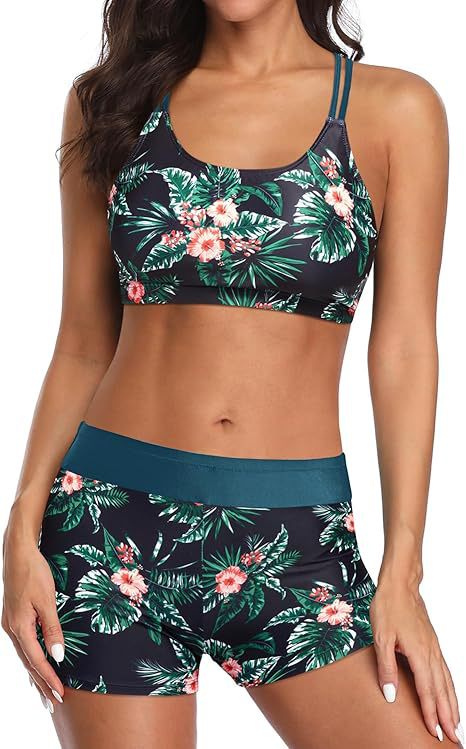 Cross-Back Three-Piece Tankini and Boyshort Set