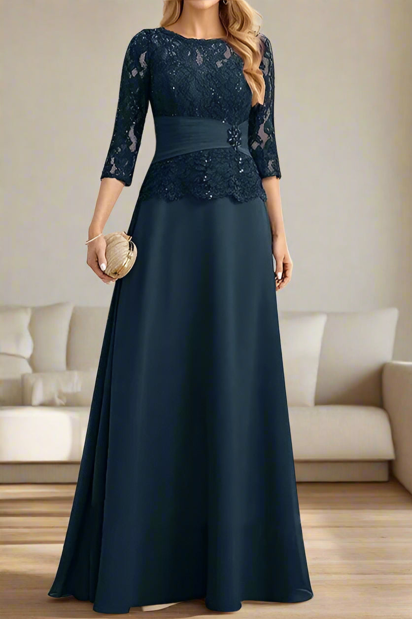 Elegant A-Line 3/4 Length Sleeve Mother of the Bride Dress with Lace Appliques