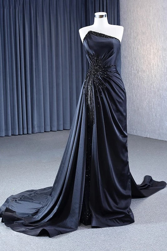 Elegant Black Evening Dress Column Satin A-line Strapless Beading Plea
