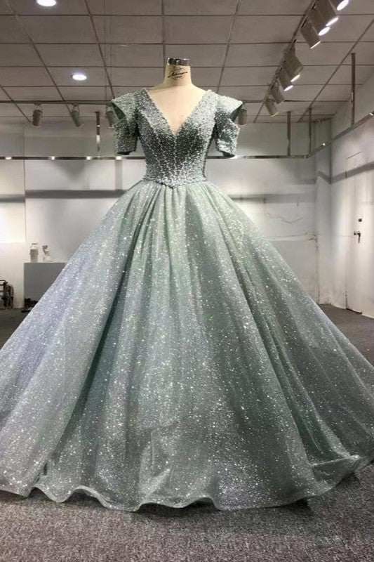 Elegant Evening Dresses Lace V-neck Sleeveless Quinceanera Dresses Ball Gown with Pearls Elegant Evening Dresses Lace V-neck Sleeveless Quinceanera Dresses Ball Gown with Pearls