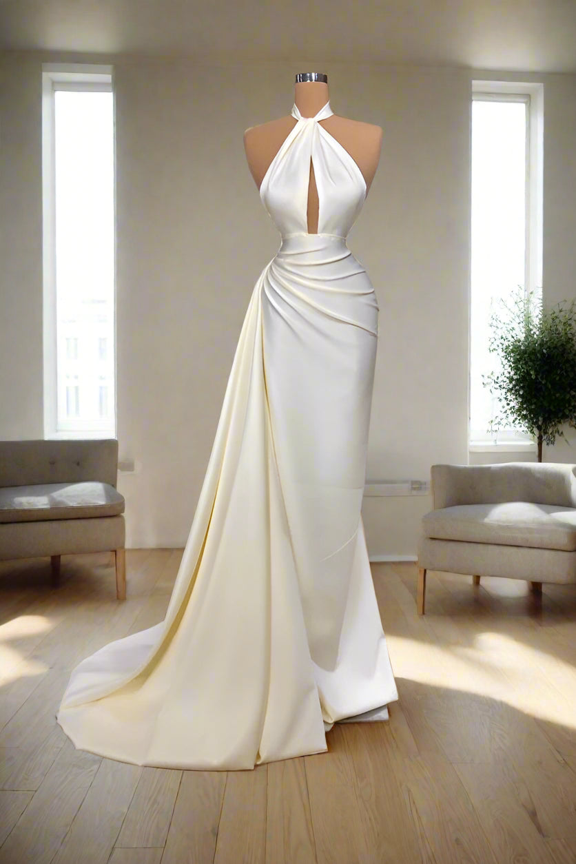 Elegant Halter Ivory Sleeveless Evening Party Dress Elegant Halter Ivory Sleeveless Evening Party Dress