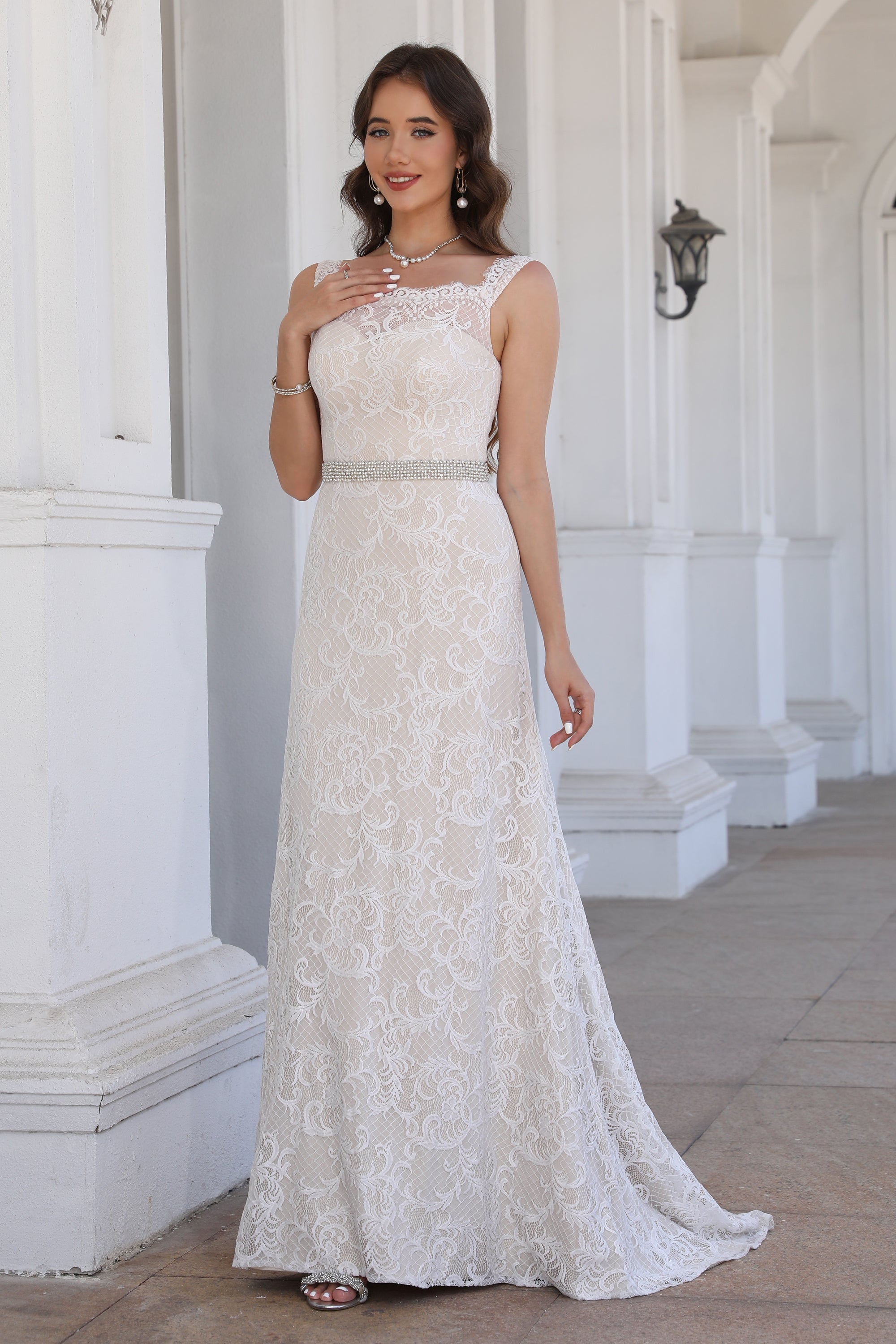 Elegant Square Neck Ivory Sleeveless Lace Long Wedding Dress Elegant Square Neck Ivory Sleeveless Lace Long Wedding Dress