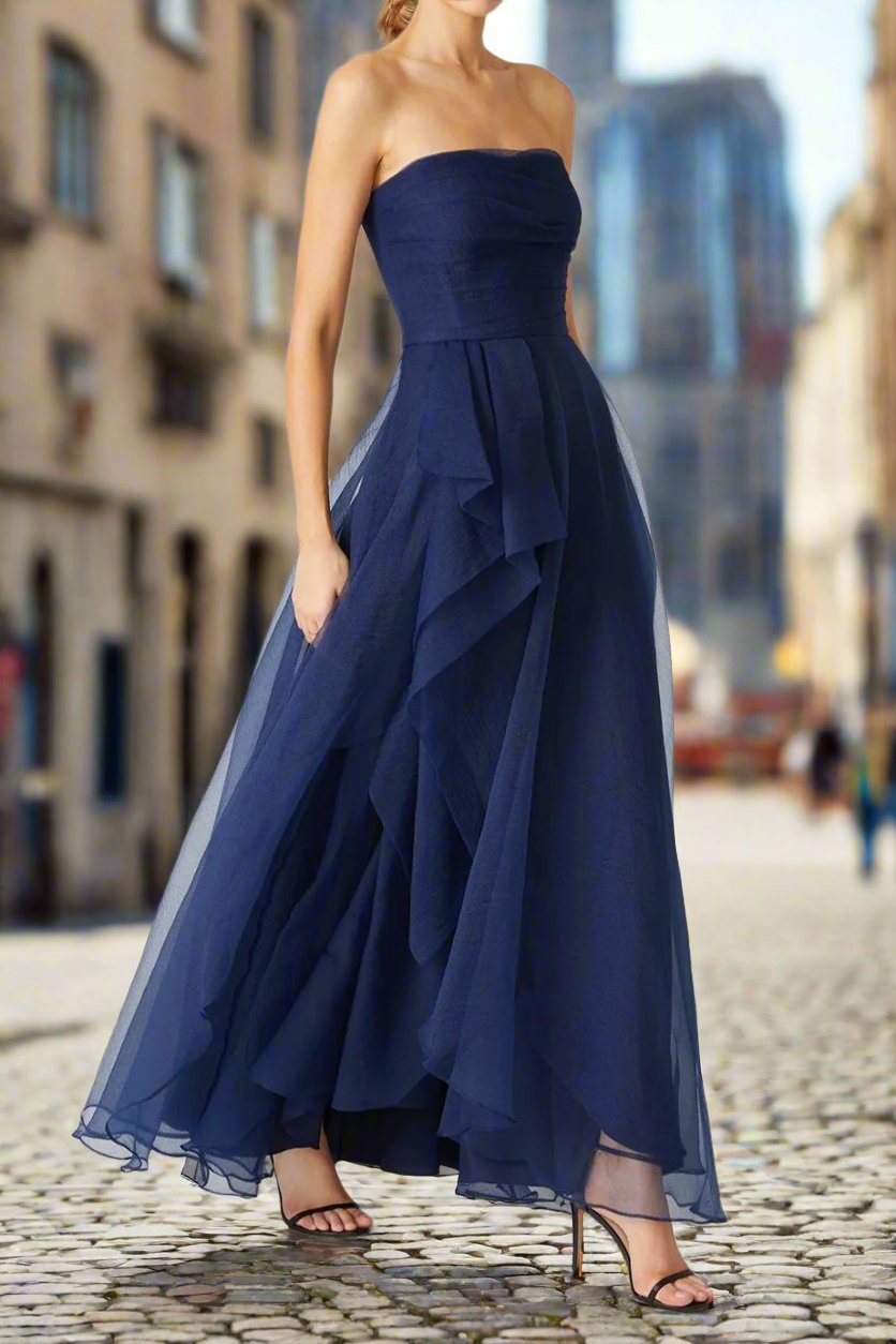 Elegant Strapless Sleeveless Ankle Length Wedding Guest Dress with Ruffles Elegant Strapless Sleeveless Ankle Length Wedding Guest Dress with Ruffles