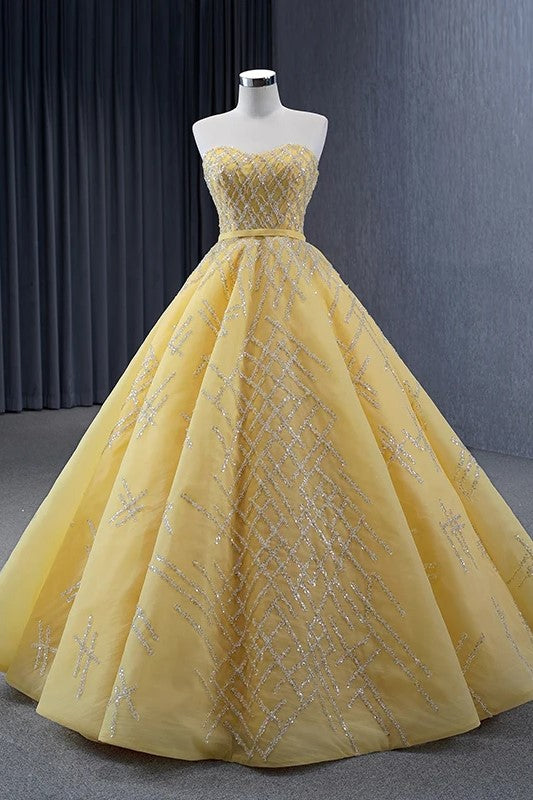 Elegant Yellow Strapless Sequins Ball Gown Lace Up Pleated Evening Dre Elegant Yellow Strapless Sequins Ball Gown Lace Up Pleated Evening Dre