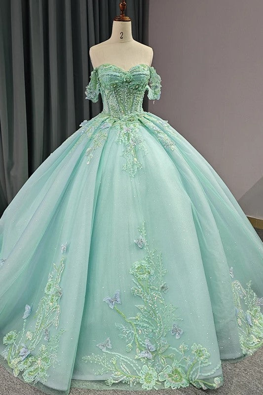 princess ball gown prom dresses Exquisite Princess Ball Gown Cap sleeve Quinceanera Dresses with 3D Appliques