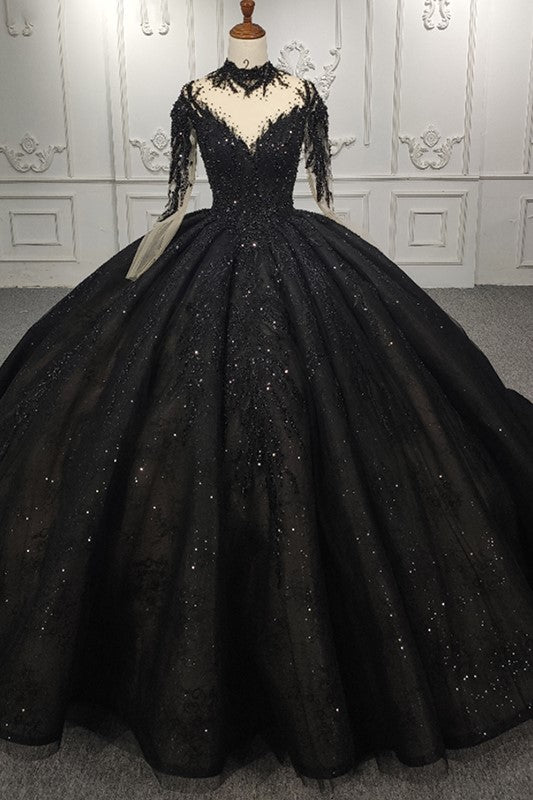 Exquisite Sequined Black Ball Gown Long Sleeves Beading Long Prom Dresses Exquisite Sequined Black Ball Gown Long Sleeves Beading Long Prom Dresses