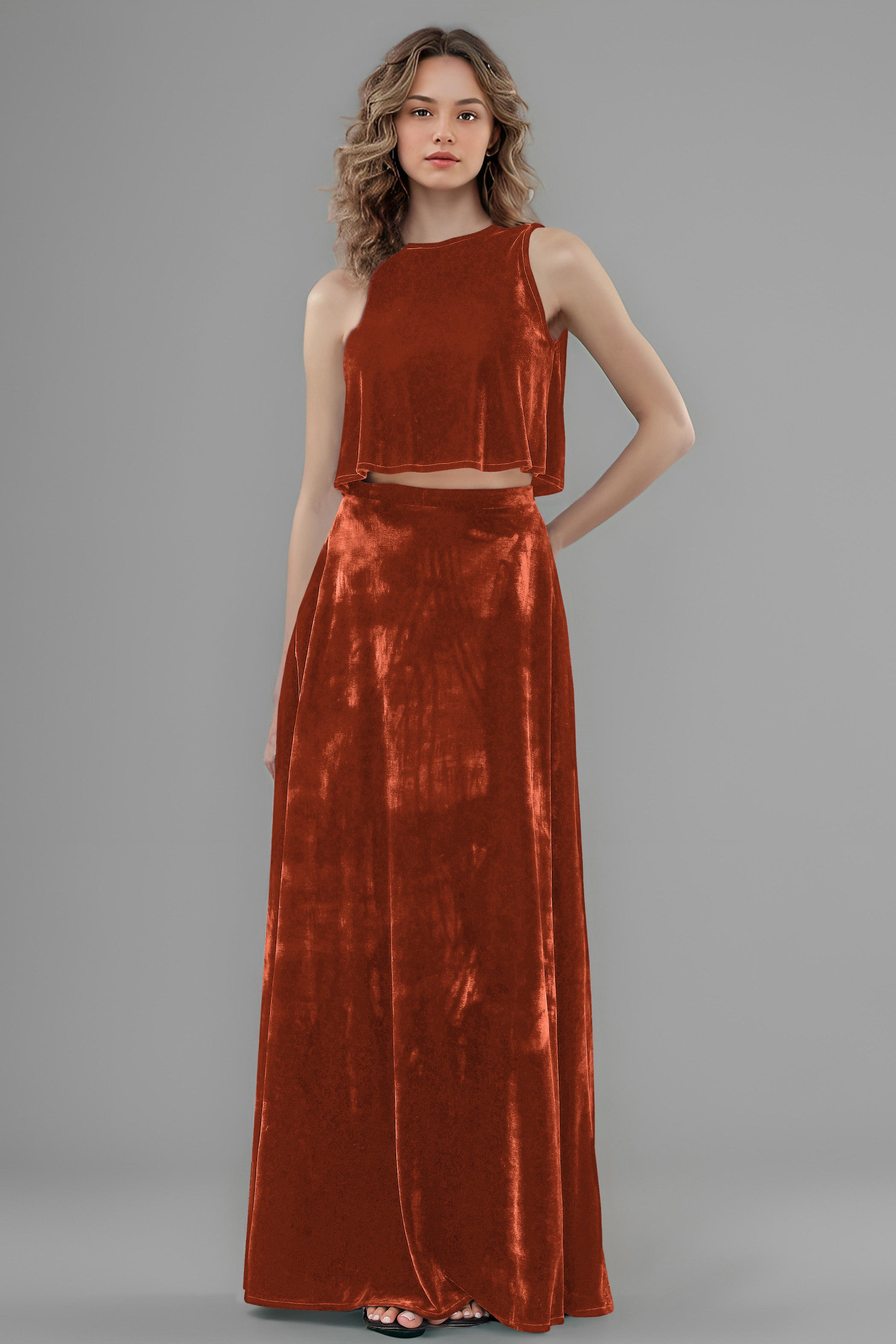 Floor Length Two-Pieces A-Line Sleeveless Velvet Bridesmaid Dresses Floor Length Two-Pieces A-Line Sleeveless Velvet Bridesmaid Dresses