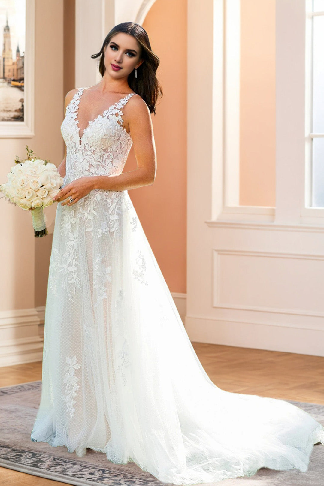 Gorgeous Appliques V Neck Sleeveless Wedding Dresses with Sweep Train Gorgeous Appliques V Neck Sleeveless Wedding Dresses with Sweep Train