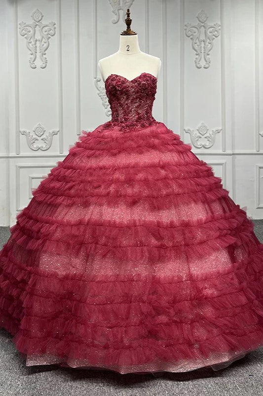 Gorgeous Red Quinceanera Dress Sleeveless Ball Gown Evening Dress with Flowers Appliques Gorgeous Red Quinceanera Dress Sleeveless Ball Gown Evening Dress with Flowers Appliques