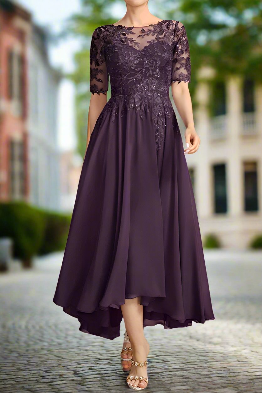 Grape Half Sleeves Mother of The Bride Dresses with Lace Appliques Grape Half Sleeves Mother of The Bride Dresses with Lace Appliques