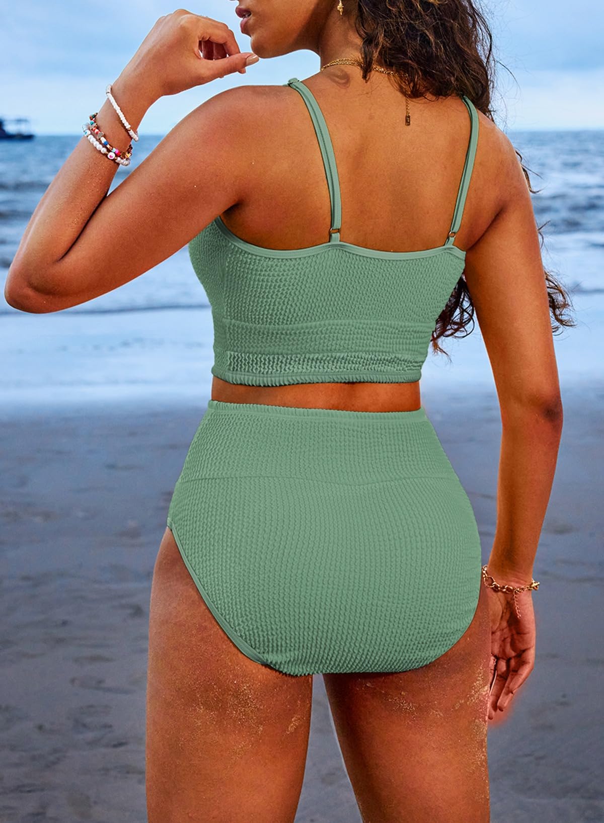 OmbreSwim - Women 2 Piece Bikini Set High Waisted Color Block Swimsuit Beach Scrunch Ribbed Bathing Suit