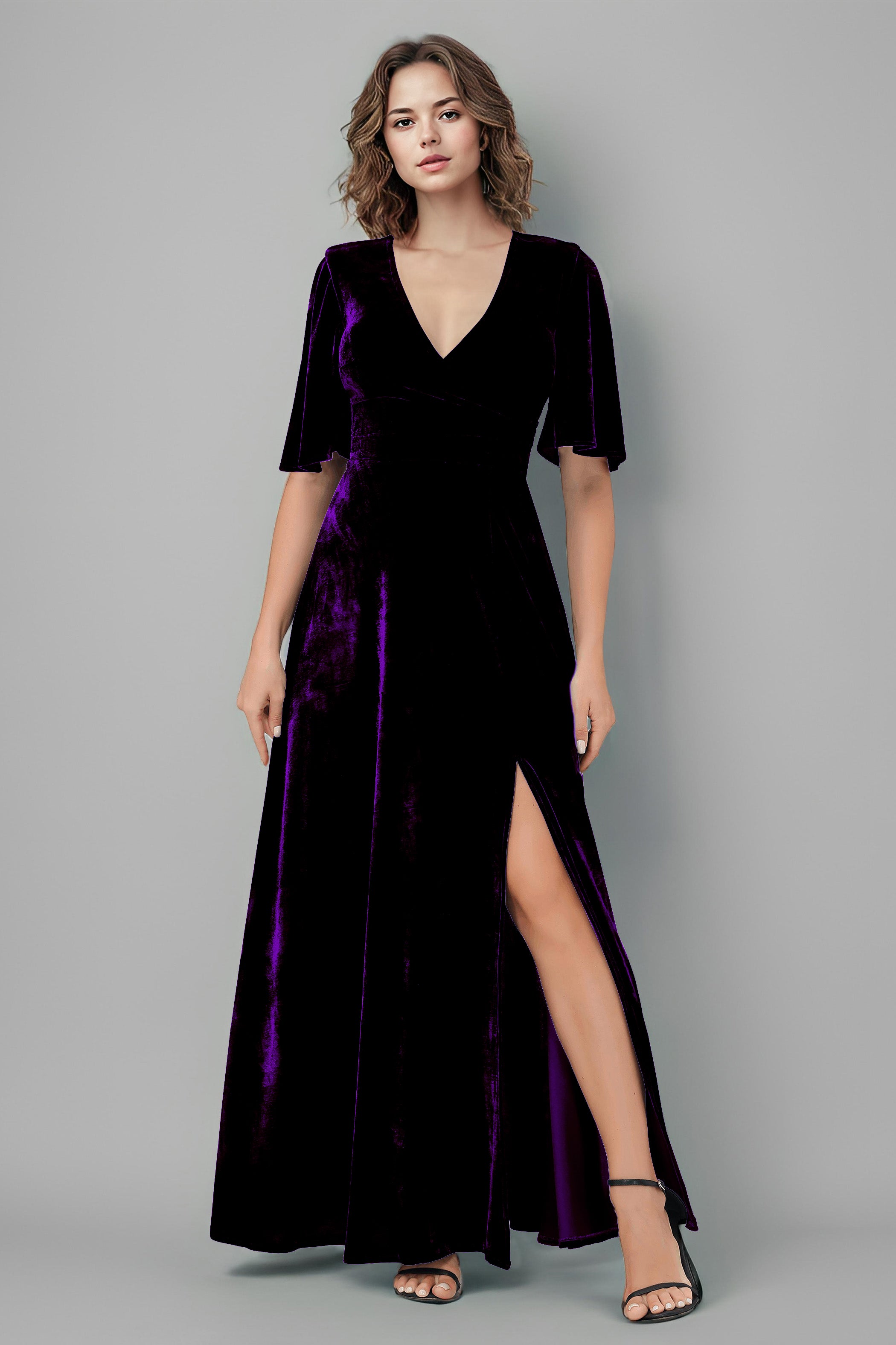 Half Sleeves Velvet A-Line V-Neck Bridesmaid Dresses with Slit Half Sleeves Velvet A-Line V-Neck Bridesmaid Dresses with Slit