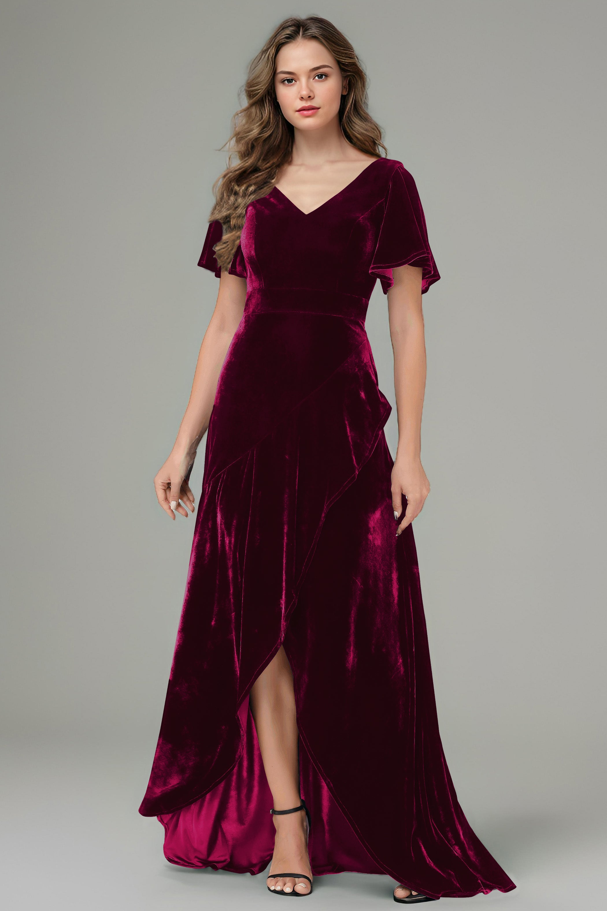 High Low V-Neck Short Sleeves Velvet Bridesmaid Dresses High Low V-Neck Short Sleeves Velvet Bridesmaid Dresses